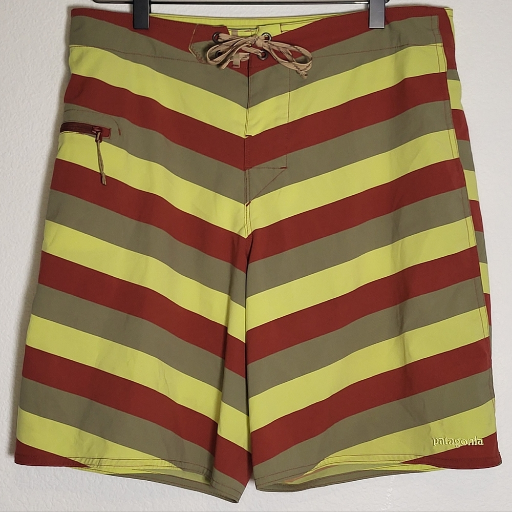 Patagonia Striped Shorts in Caution Stripes Red and Yellow size 32